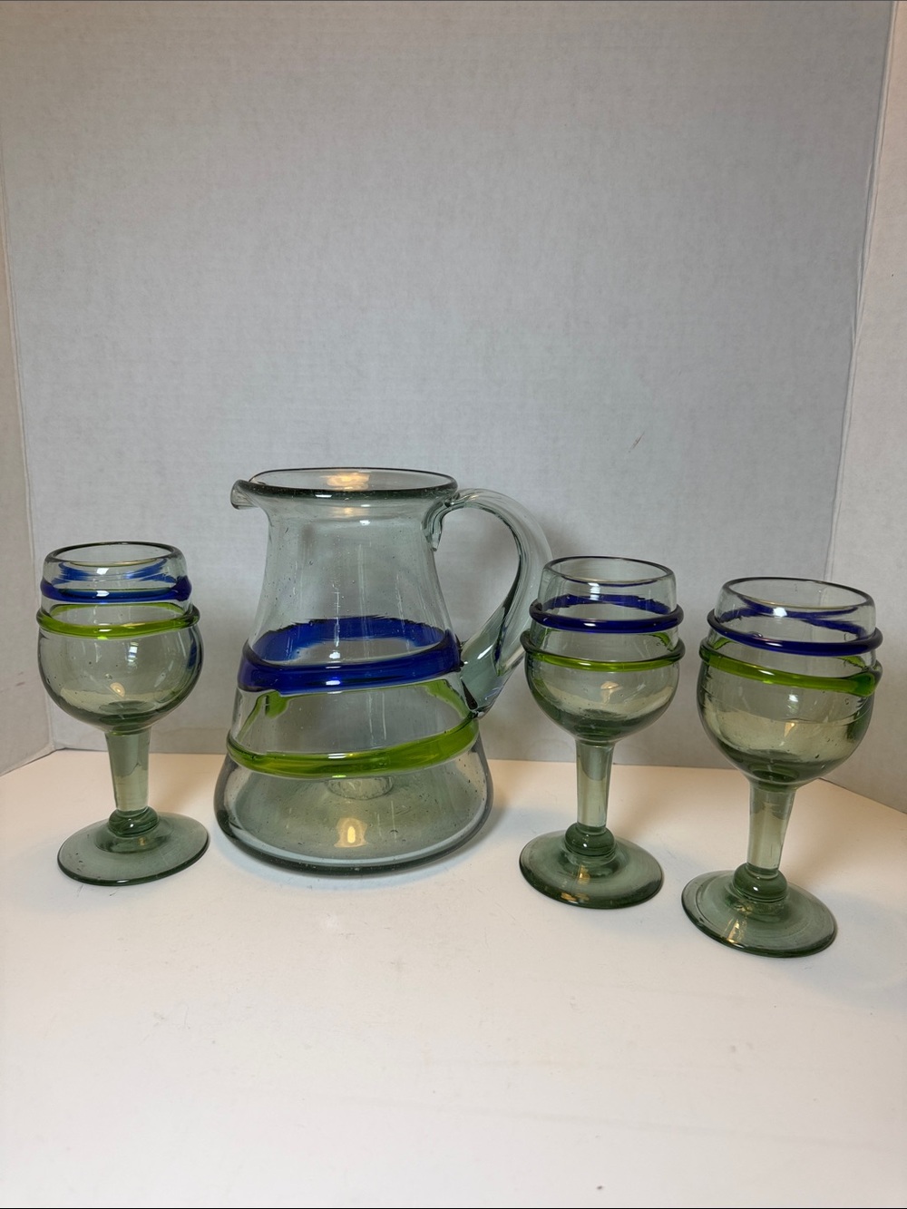 Handblown Mexican Green Glass Pitcher & 3 Matching Glasses Striped Blue & Green